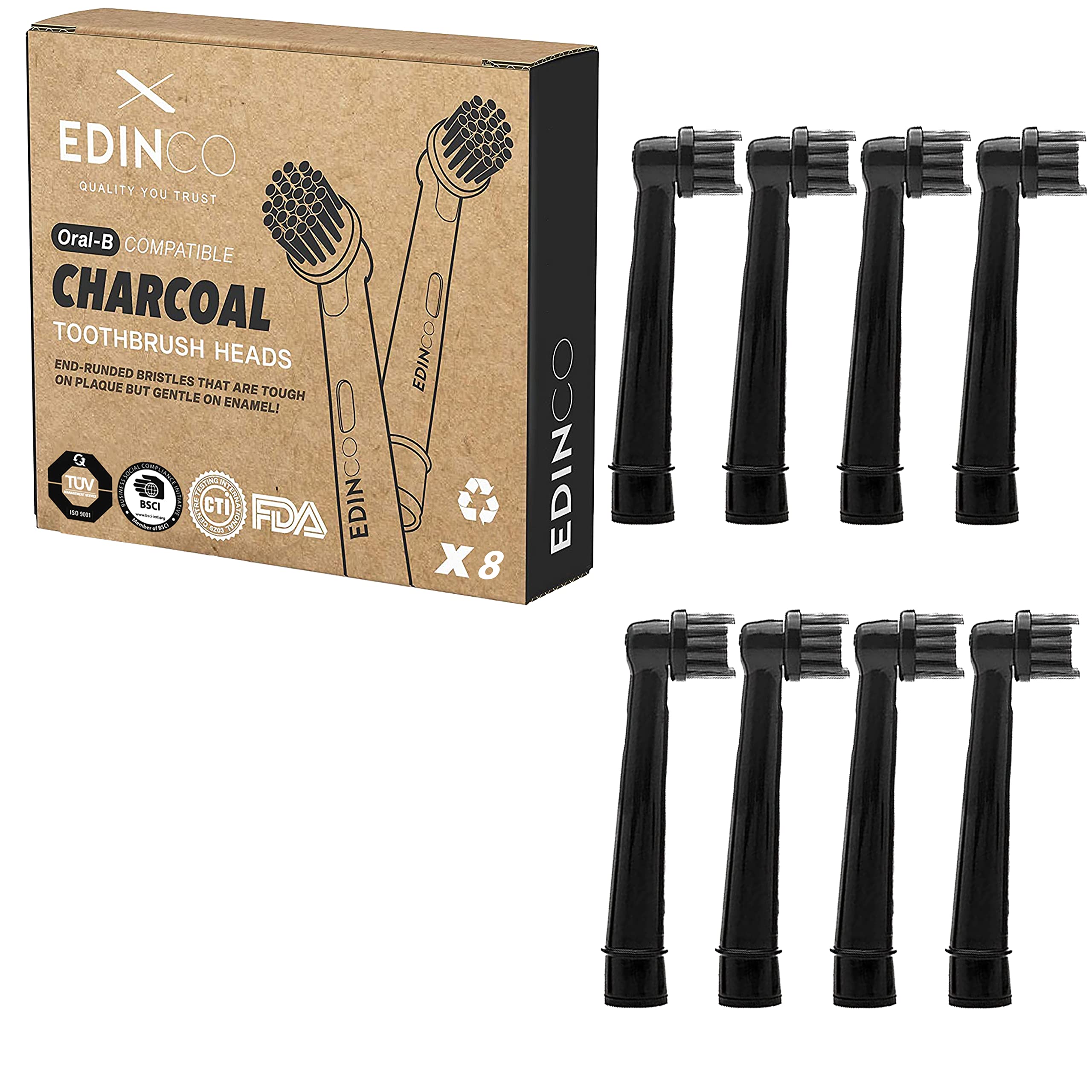 Edinco Recyclable Charcoal Toothbrush Heads for Oral B (4/8 Pack) Black | Sensitive Deep Clean, Plaque Removal, Whitening | Fits Pro, Vitality, Triumph (Not iO), (8 Pack)