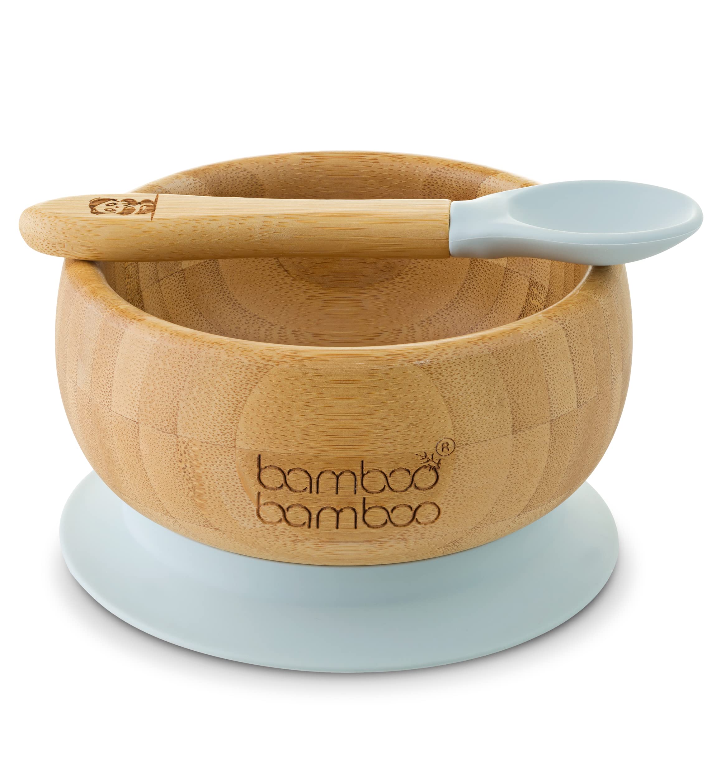 bamboo bamboo Bowl and Spoon Set with Silicone Suction Ring, Toddler Bowls with Baby Spoon for Feeding and Weaning - Bowl for Babies from 6 Months (Grey)