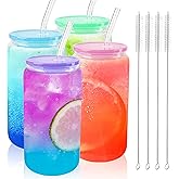 Joyclub 4pcs Glass Cups with Acrylic Lids and Straws 16 oz Can Shaped Glass Iced Coffee Cups with Lids and Straws, Cute Tumbler Cup Drinking Glasses for Smoothie Whiskey Boba Soda Tea Gift