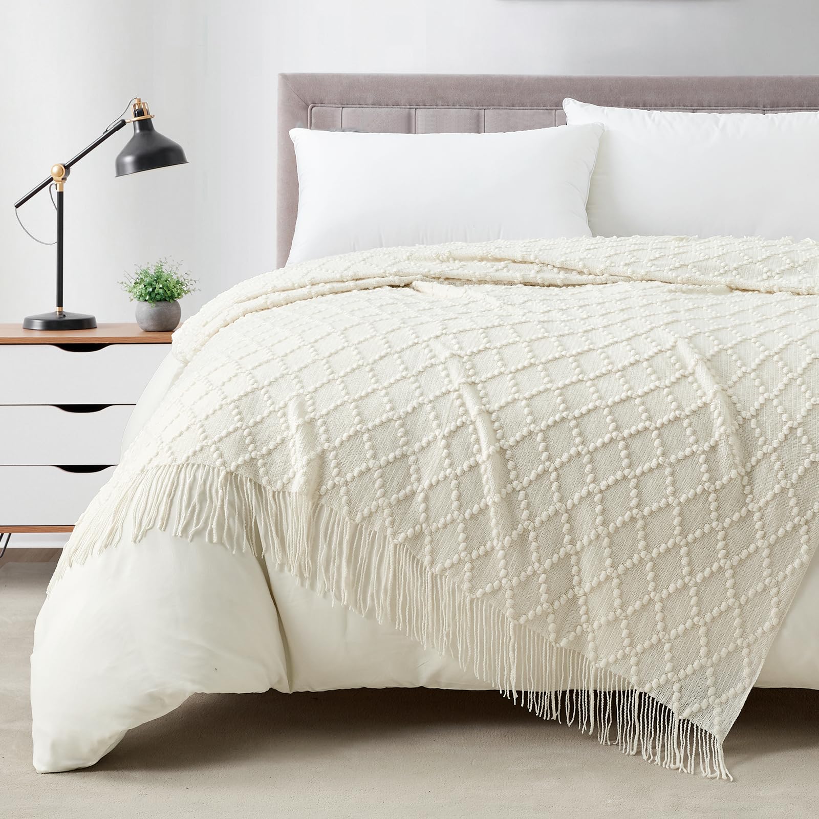 BOURINA Throw Blanket Textured Solid Soft Throws and Blankets for Sofa or Bed Knitted Decorative Blanket 127x178cm White