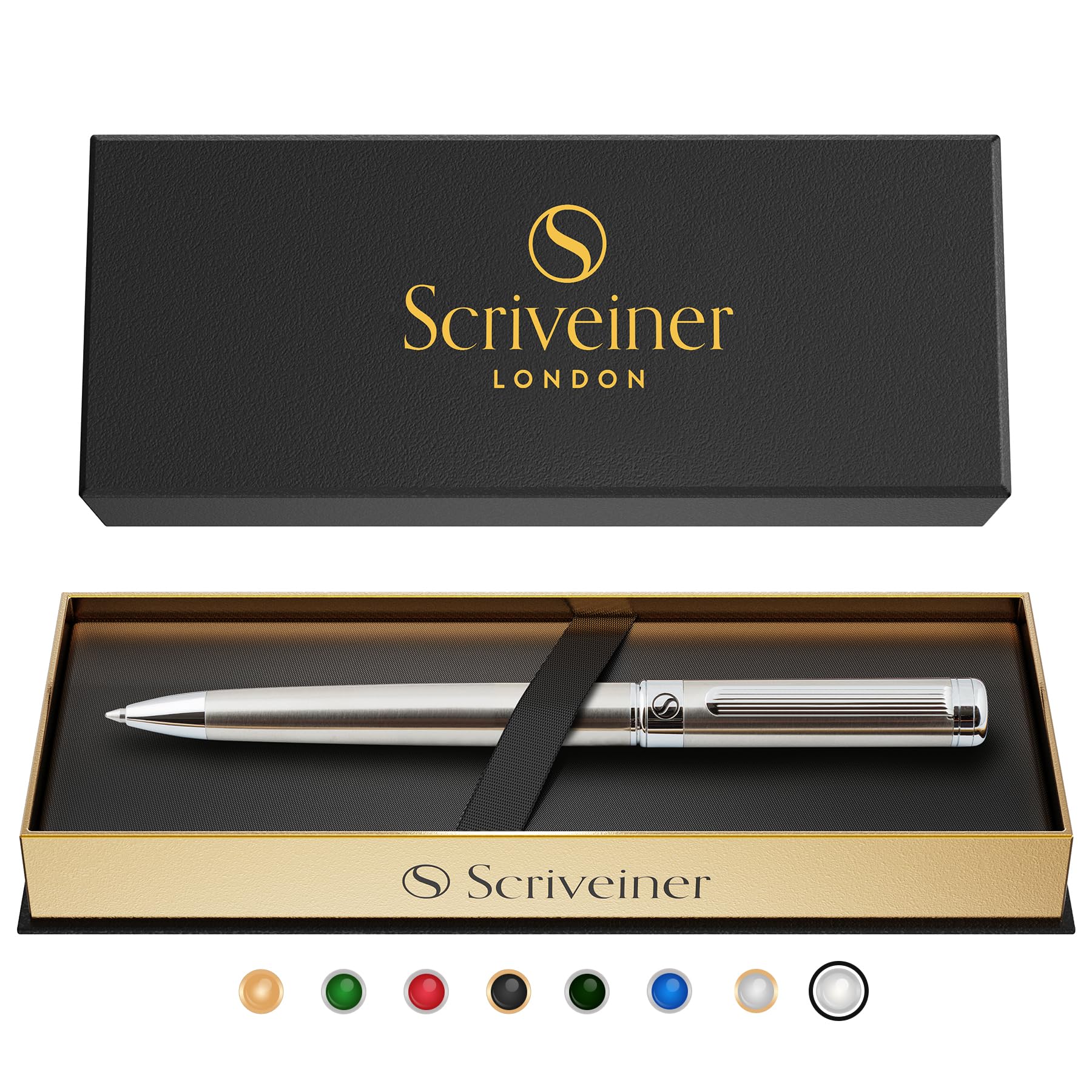 Scriveiner Stainless Steel Ballpoint - Stunning Luxury Pen with Stainless Steel Finish, Schmidt Black Refill, Best Ball Pen Gift Set for Men & Women, Professional, Executive, Office, Nice Pens
