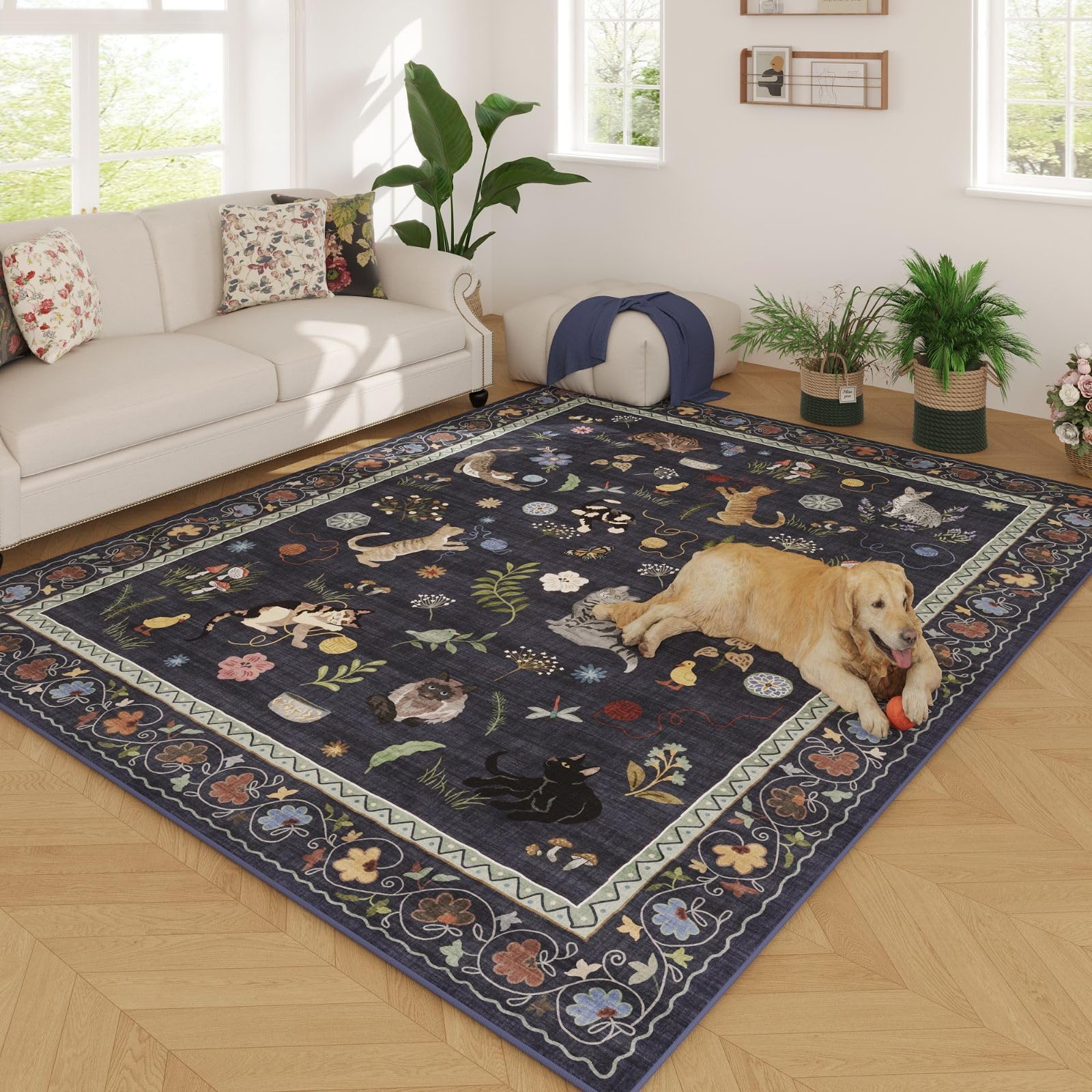 Rugcomf Area Rugs 8x10 Rug for Living Room Clearance Washable Boho Area Rug Non Slip Floral Animal Cat Vintage Low Pile Large Rug for Bedroom Farmhouse Dining Room Kids Playroom, Cobalt Blue Image Rugcomf Area Rugs 8x10 Rug for Living Room Clearance Washable Boho Area Rug Non Slip Floral Animal Cat Vintage Low Pile Large Rug for Bedroom Farmhouse Dining Room Kids Playroom, Cobalt Blue Image
