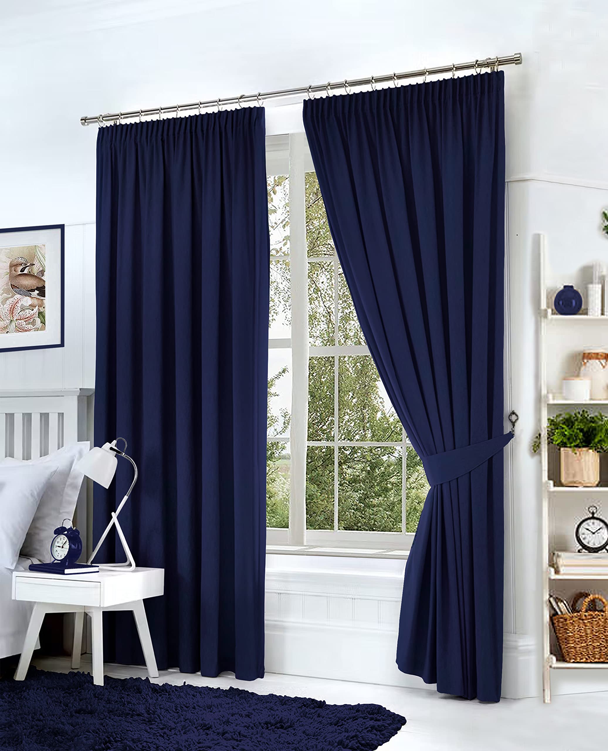 Hachette Thermal Blackout Curtains Pencil Pleat Tape Top Including Pair of Tiebacks (Navy Blue, 46" X 54")