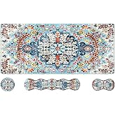 iLeadon Mouse Pad Set, Desk Mat + Mouse Pad with Wrist Rest + Keyboard Wrist Rest + Coaster, 4in1 Large Gaming Mouse Pad Set for Home Office, Retro Boho Floral Blue