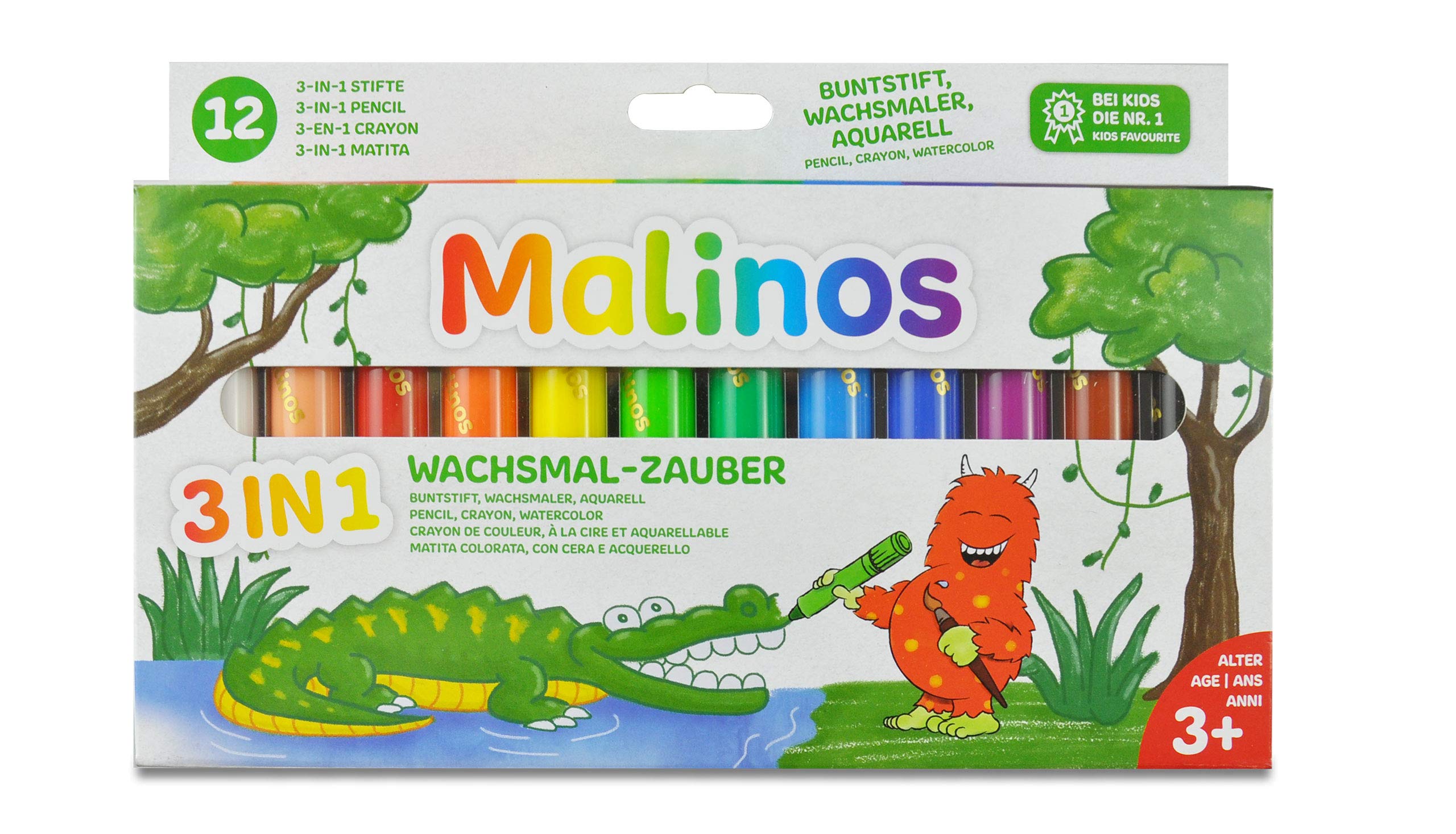 MALINOS 301035 Wax Crayons 3 in 1 Pack of 12