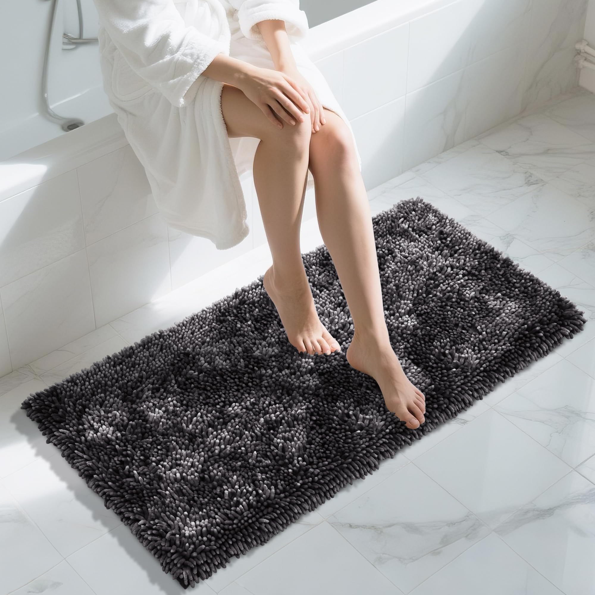 Photo 1 of Yimobra Long Bathroom Rug Non Slip 44x24 Inch, Extra Thick Soft Absorbent Chenille Bath Mat, Machine Washable Quick Dry Bath Rugs for Bathroom Floor, Tub and Shower, Home Decor Accessories, Dark Grey