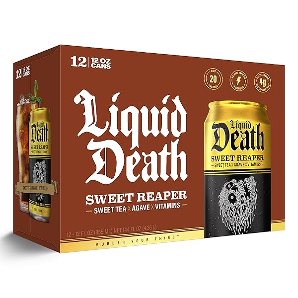 LIQUID DEATH, SWEET REAPER ICED TEA, 12-PACK (12 OZ CANS), SOUTHERN STYLE SWEET TEA, LOW CALORIE, NO ARTIFICIAL SWEETENERS, B12 & B6 VITAMINS