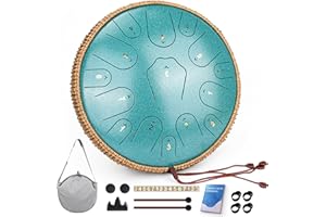 QINGSHI Steel Tongue Drum-14 Inch 15 Notes Tongue Drums, Steel Drum Instrument for Adults, Handpan Drums with Music Book, Handpan Drum Mallet, and Carry Bag, C Major (Malachite Green)