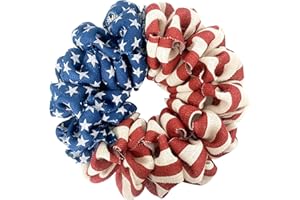EGOLOT 13 Inch Patriotic Burlap Wreath, 4th of July Summer Burlap Stripe and Stars Printed Wreath for The Front Door, Handcrafted Memorial Day American Flag Printed Wreath for Indoor and Outdoor
