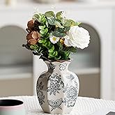 Blue and White Vase, Vintage Blue Ceramic Flower Vessel,Ceramic vases for Home Decor,Vintage Green and Beige for Console Table Mantle Chinoiserie Decor (Retro-02, Small)