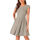 Allegra K Plaid Tweed Dress for Women's 2025 Fall Round Neck Cap Sleeve A-Line Vintage Pleated Dresses