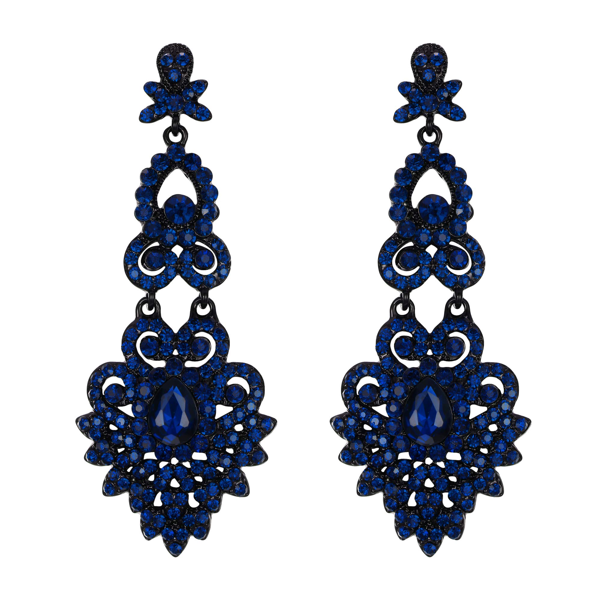 EVER FAITH Bridal Crystal Vintage Style Art Deco Chandelier Drop Dangle Earrings for Wedding Brides Costume Statement Jewellery for Women Girls Navy Blue