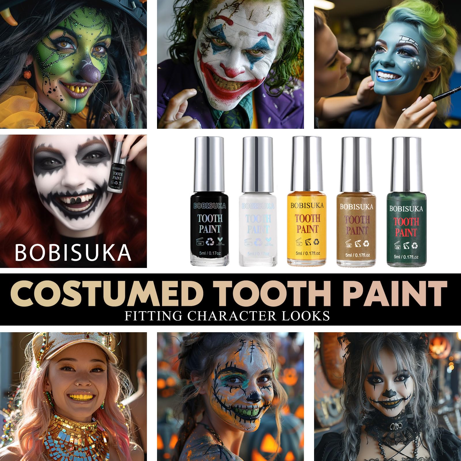 BOBISUKA Gold Tooth Paint, Professional Gold Costumed Teeth Paint - No Streak, Safe, Long Last SFX Tooth Makeup Paint, Perfect for Cosplay, Halloween Makeup, Theater, and Special Effects (5 ml)