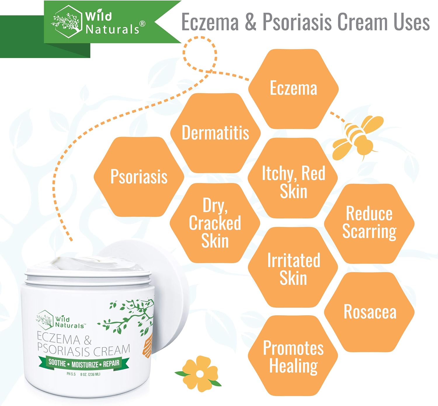 Wild Naturals Eczema Psoriasis Cream - for Dry, Irritated Skin, Itch Relief, Dermatitis, Rosacea, and Shingles. Natural 15-in-1 Formula Promotes Healing and Calms Redness, Rash and Itching Fast: Health & Personal Care