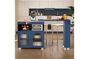 NicBex Rolling Kitchen Island with Extended Table Kitchen Island on Wheels with LED Lights Power Outlets and 2 Fluted Glass Doors with a Storage Compartment and Side 3 Open Shelves, Navy