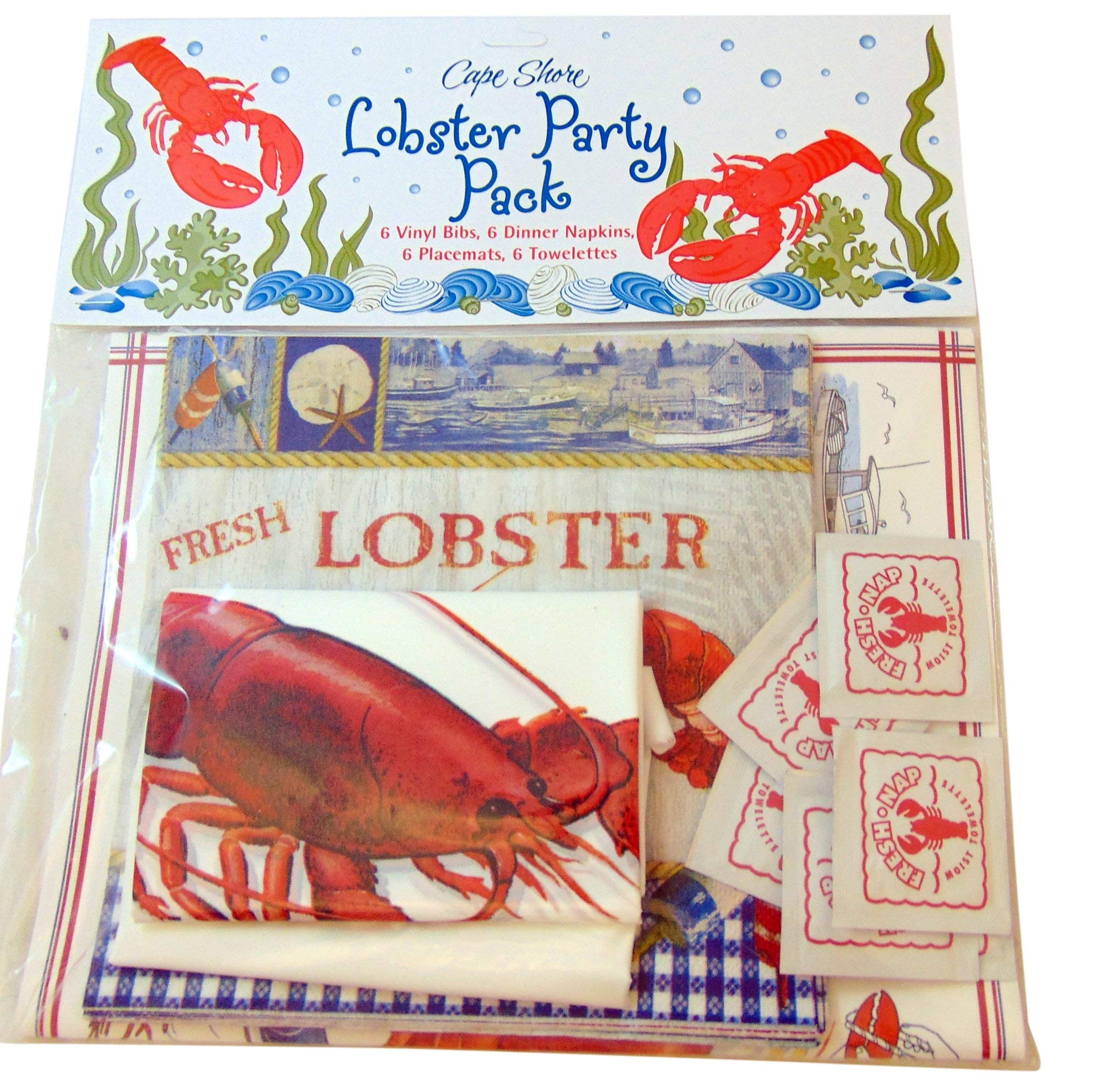 Lobster Crab Seafood Party Pack with 6 Bibs 6 Napkins 6 Placemats 6 Towelettes by Cape Shore