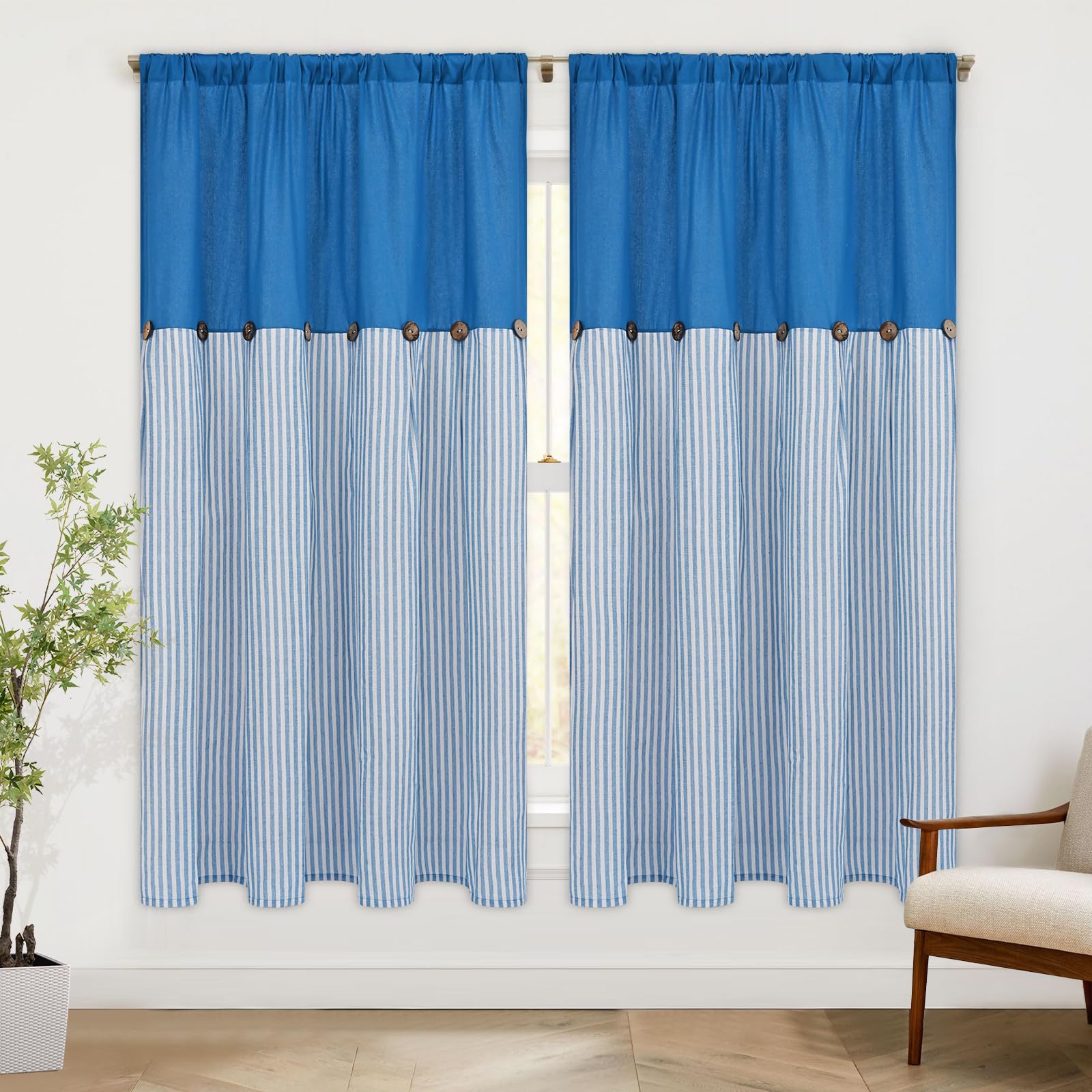 ASPMIZ Farmhouse Living Room Curtains Boho, Country Linen Curtains with Rustic Buttons, Rod Pocket & Back Tab Lake Blue Striped Curtain for Bedroom Window Curtain Home Decor, 52 x 63 Inch, 2 Panels Image