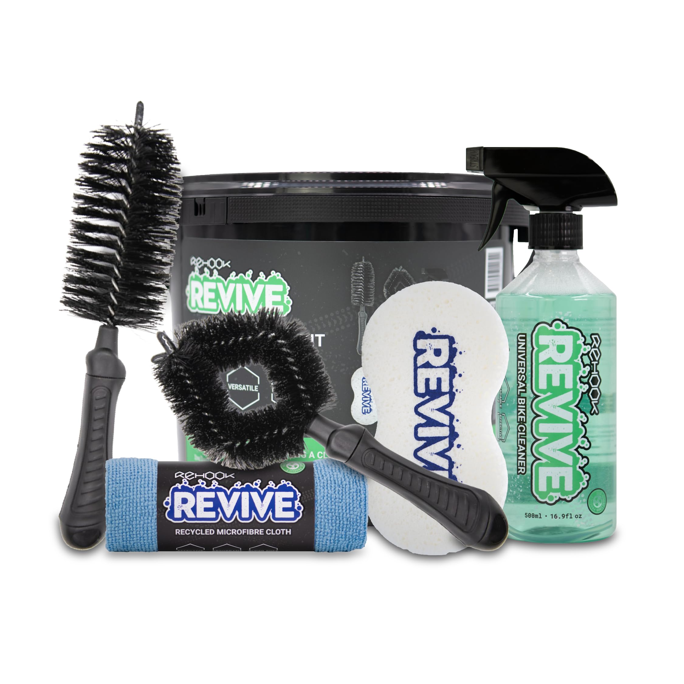 Rehook Revive 6-In-1 Bike Care Kit - Eco-Friendly Bicycle Cleaning Set - Includes Biodegradable Plant-Based Cleaner, Brushes, Sponge, Cloth & Storage Bucket - Must-Have, Clean, Great Gift for Cyclists