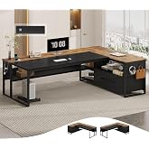 UPOSOJA 71" Executive Desk, L Shaped Office Desk with Widen File Drawers | Reversible Large Corner Computer Desk with Cabinet,Power Outlets,Storage Shelves,CPU Stand, Hooks,Business Furniture Brown
