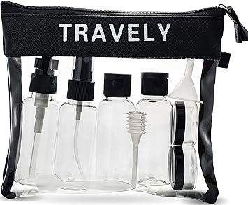 Travely - Transparenter Kulturbeutel 1l - mit Reiseflaschen Set bis 100ml (schwarz)