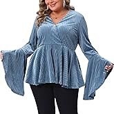 Agnes Orinda Plus Size Velvet Tops for Women Faux Wrap V Neck Bell Long Sleeve Peplum Velvet Party Blouses
