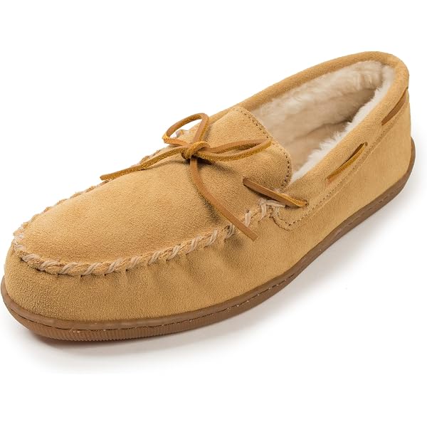 SNUGRUGS Men's Berber Fleece Lined Moccasin Slippers - Non-Slip Rubber Sole, Suede Outer (Taupe & Navy)