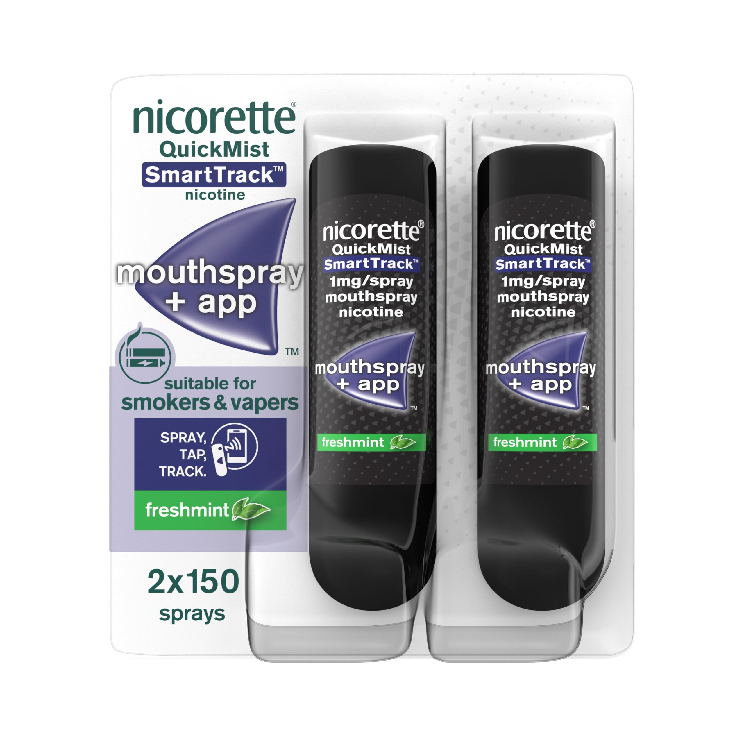 Nicorette Quickmist SmartTrack Mouthspray (2 x 150 sprays), Freshmint, Quit Vaping or Quit Smoking Aid designed to start reducing cravings in 30 Seconds, Smoking or Vaping Cessation Aid