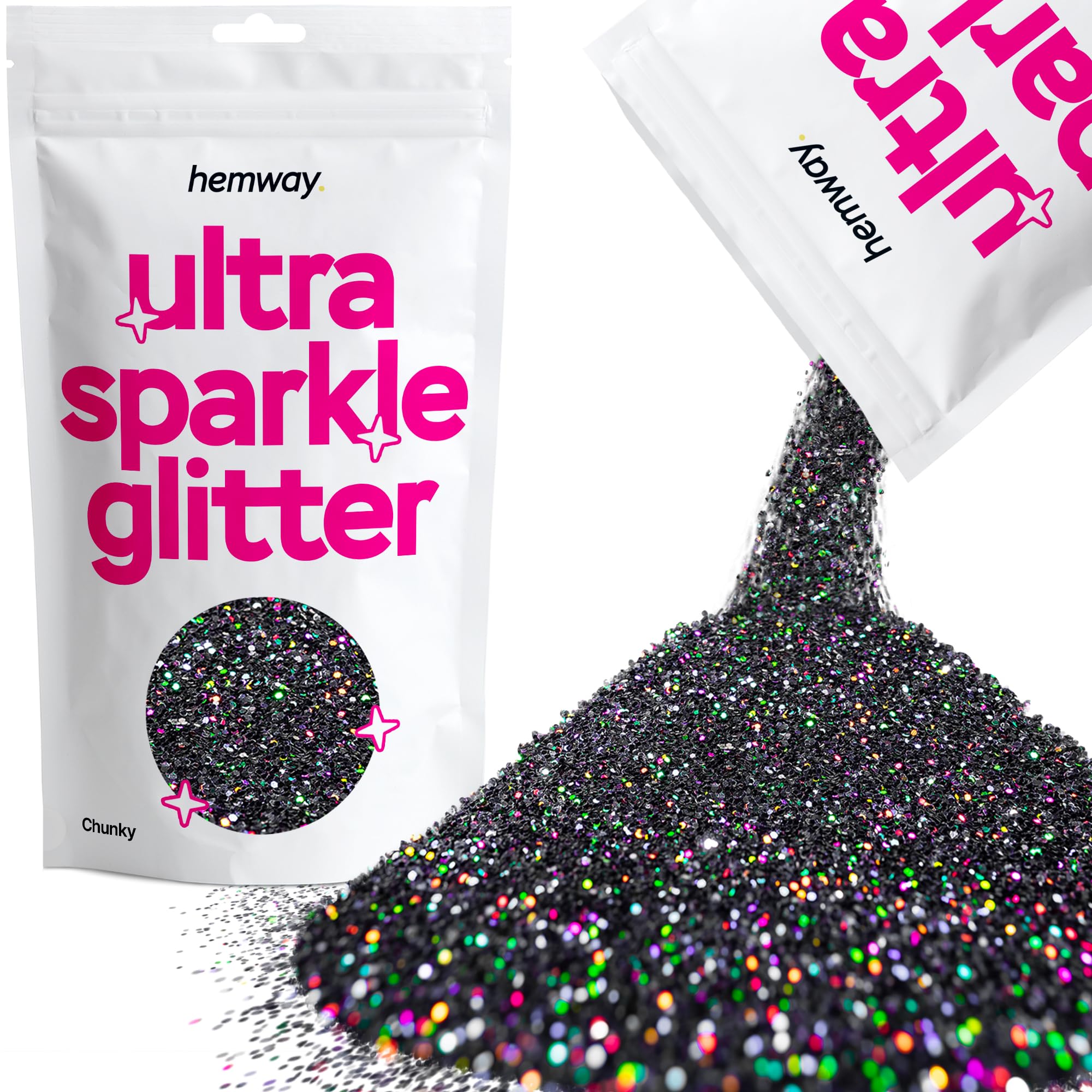 Hemway Ultra Sparkle Glitter Black Holographic 100g Chunky | Glitter for Arts & Craft, Makeup, Nail Art, Crafting, Card Making, Sparkle Decoration