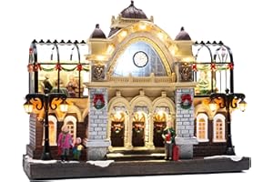 Valery Madelyn Christmas Village Decorations, 2 Levels Union Station with Lights, Battery Operated Xmas Figurine Musical House Snow Scenes Gift for Christmas Indoor Home Decorations, 12.8 Inch