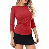 Boat Neck 3/4 Sleeve Tops for Women Ruched Side Ribbed T-Shirts Fitted Casual Basic Tees Summer Fall Outfits Going Out Top Red-b