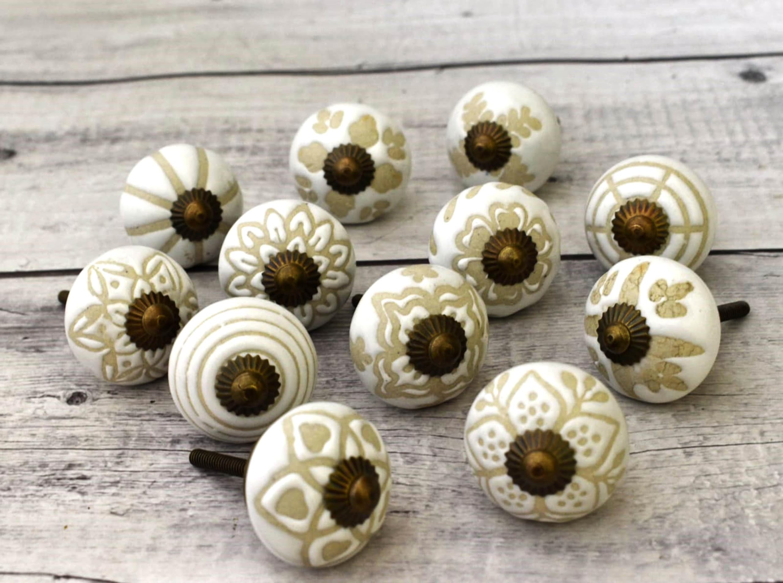 ARTISNO Ceramic Knobs for Cabinets - Set of 12 Decorative Beige Floral Printed Boho Ceramic Knobs for Home Kitchen Cabinet Drawer | Wardrobe and Dresser Pulls with Glossy Finish (1.5-Inch Diameter) — image 1