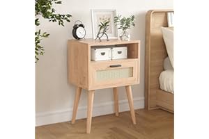 SOOHOW Nightstand for Bedroom,Rattan Nightstands Bedside Table Modern Night Stands with Sturdy Wood Frame, Wood Side Table with Drawer