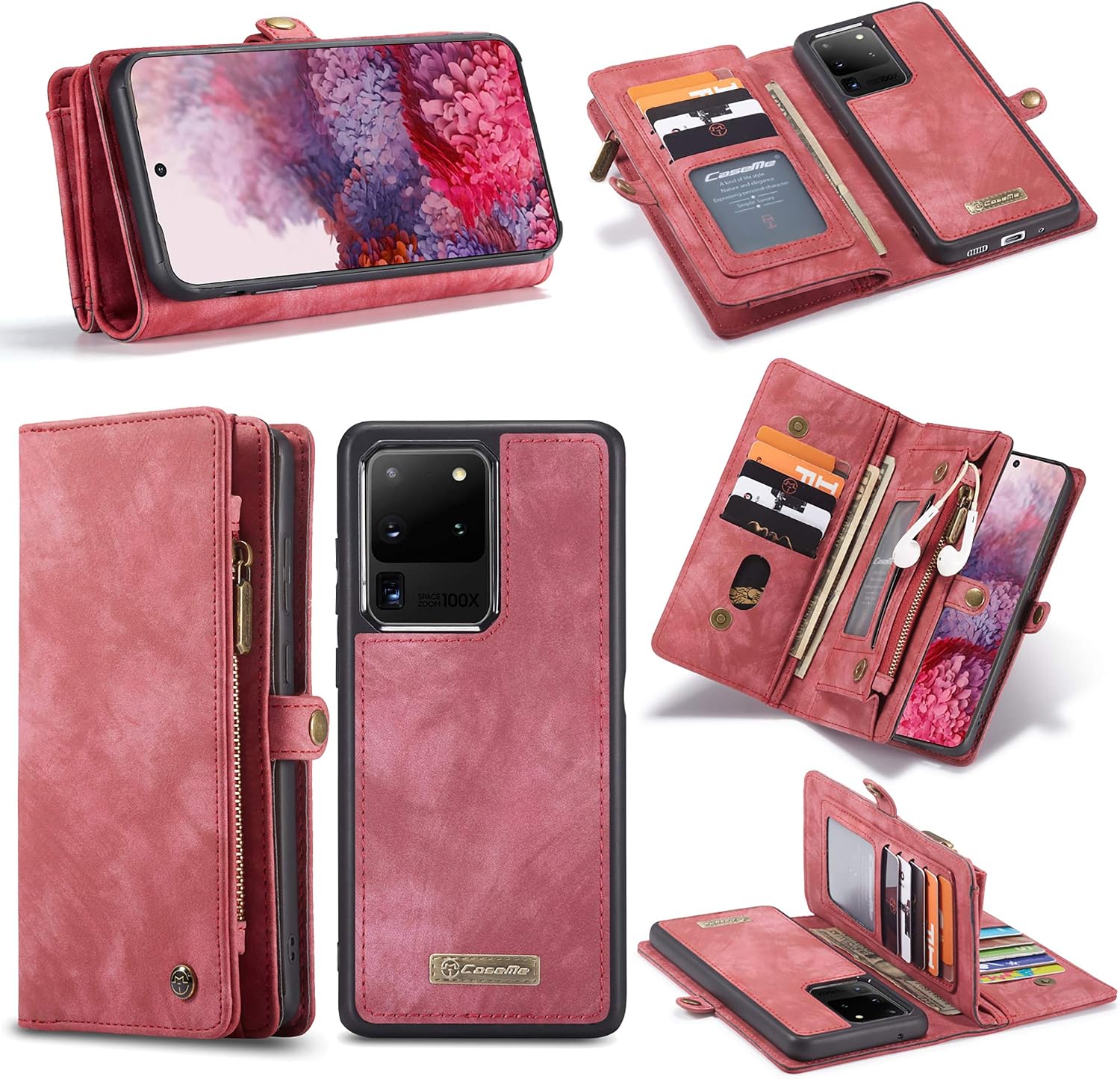 UFinetech Detachable Samsung Galaxy S20 FE Case Wallet Leather TPU Magnetic Flip Slot Card Holder Zipper Stylish 2020 Luxury 2-in-1 Multifunction Purse Holster Cover for Samsung Galaxy S20 FE 5G Red