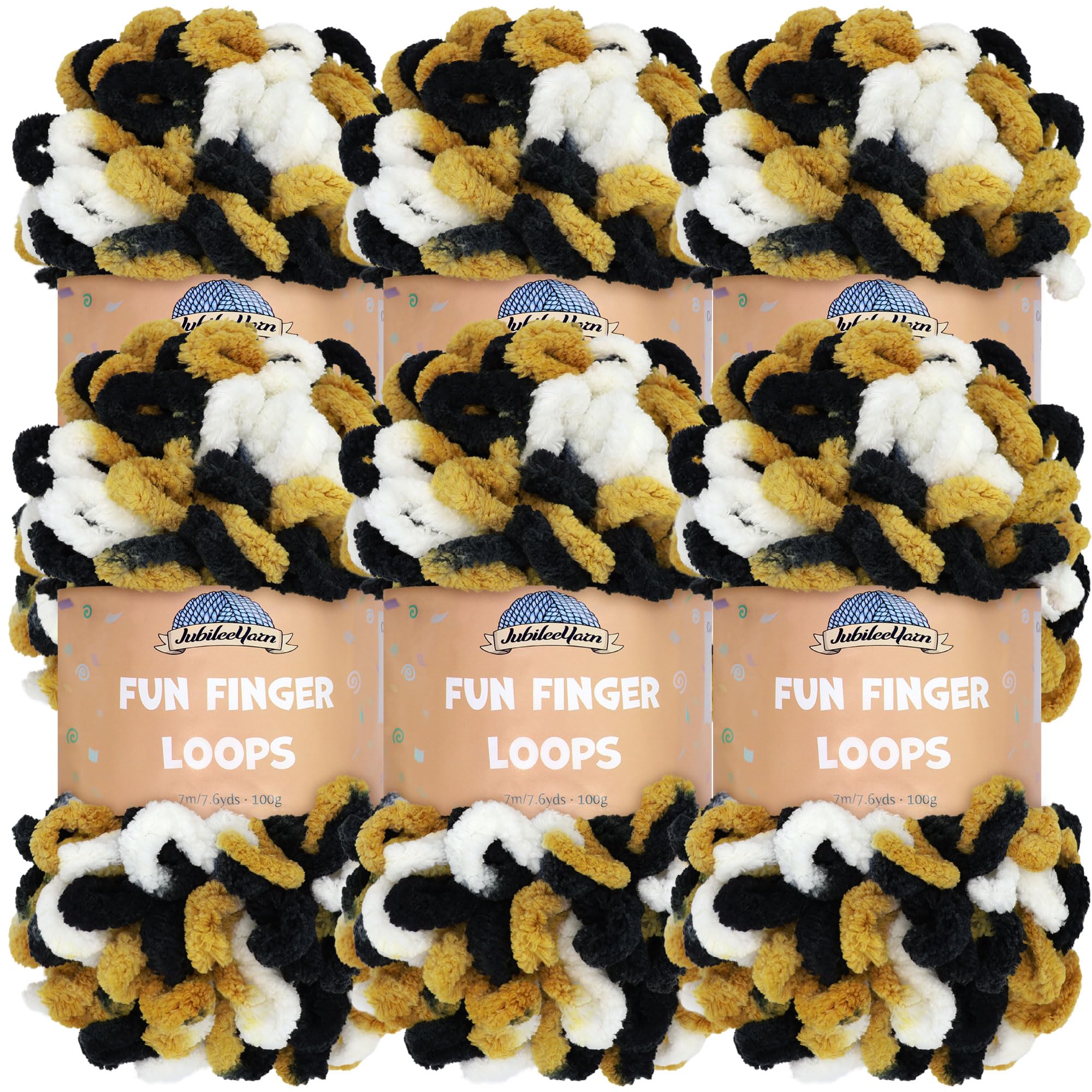 JubileeYarn Fun Finger Loops Yarn - Polyester Jumbo Weight Loop Yarn - 100g/Skein - Black Gold White - 6 Skeins