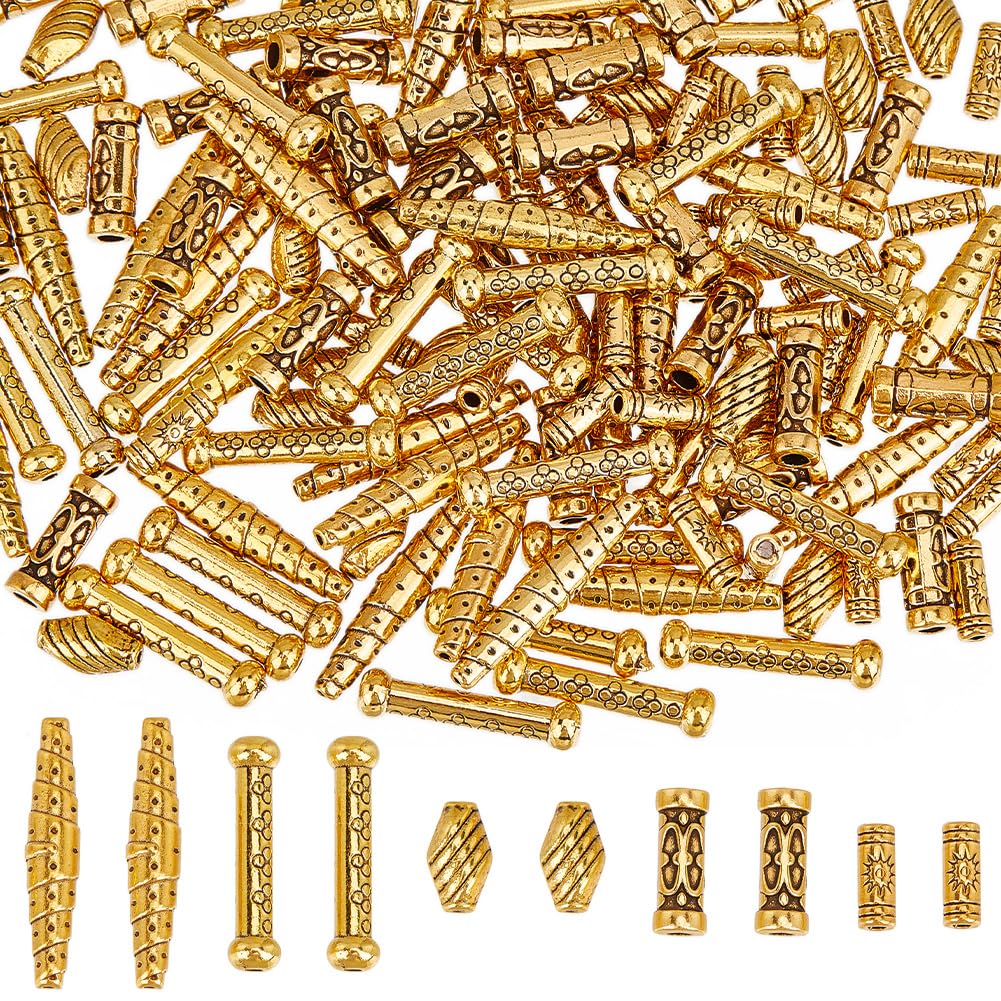 SUNNYCLUE 1 B0X 150Pcs 5 Styles Gold Tube Bead Tibetan Spacer Beads Alloy Metal Hollow Column Barrel Drum Long Hole Spacers Loose Beads for jewellery Craft Making Necklace Bracelet Earrings Beginners
