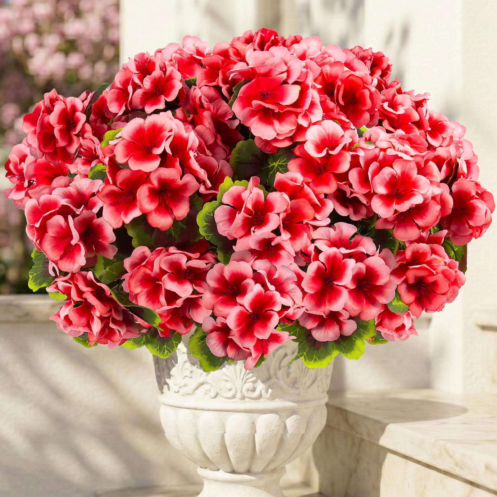 lovemoon 8 Pcs Artificial Geranium Plant Realistic Silk Flowers for Outside UV Resistant Faux Geraniums Flowers for Indoor Outdoor Home Garden Office Decoration (8, Peach)