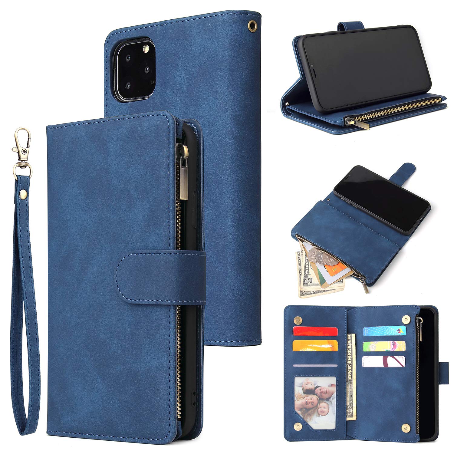 UEEBAI Wallet Case for iPhone 11, Premium Vintage PU Leather Magnetic Closure Handbag Zipper Pocket Case Kickstand Card Holder Slots with Wrist Strap TPU Shockproof Flip Cover for iPhone 11 - Blue