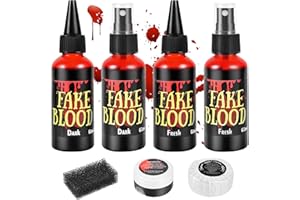 JAYUWE 7 PCS Halloween Fake Blood Spray Makeup Kit - Fake Blood 2.1oz X4 + Coagulated Blood Gel 1.41oz + Soap + Sponge, Washable Blood Paint for Clothes SFX Makeup Vampire Accessories, Dark & Fresh