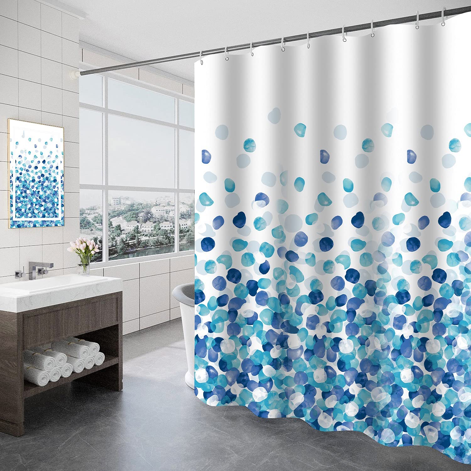 Tennove Shower Curtain 280 x 200cm Blue Petal Thick Polyester Fabric Mildew Resistant Shower Curtain Liner for Bathroom Decor Waterproof Long Bath Curtain with Hooks,Machine Washable Heavy Weighted — image 1