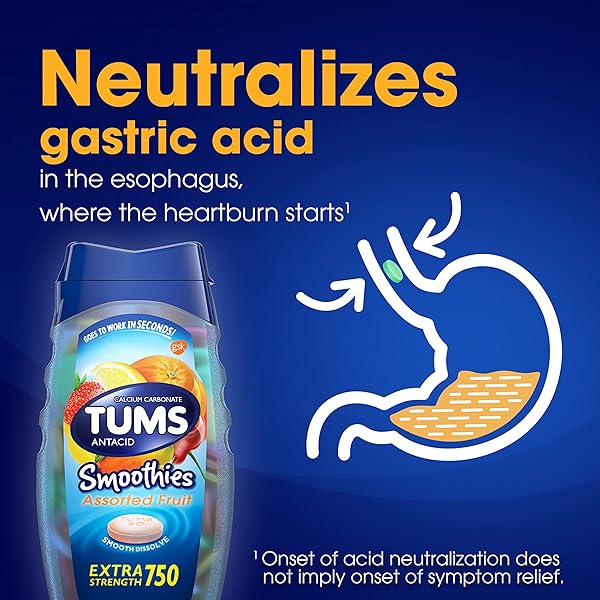 TUMS SMOOTHIES EXTRA STRENGTH ANTACID CHEWABLE TABLETS FOR HEARTBURN RELIEF, ASSORTED FRUIT – 12 COUNT