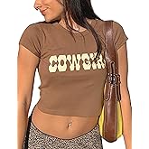 MISSACTIVER Women’s Sexy Vintage Graphic and Letter Print Crop Top Casual Summer Slim Short Sleeve Crop T-Shirt