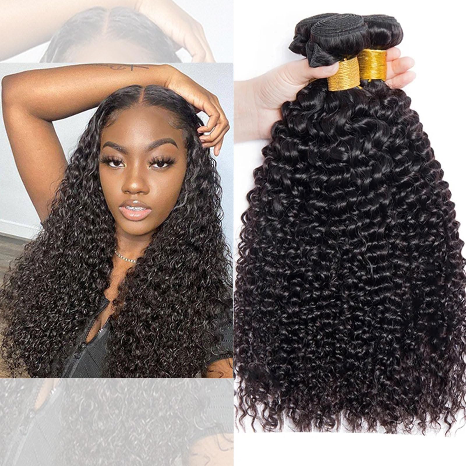 Huarisi Human Hair Curly Bundles 12 14 16 Inch Brazilian Kinky Curly 3 Bundles 8A Short Hair Weaves Weft Natural Color Real Hair for Full Head — image 1