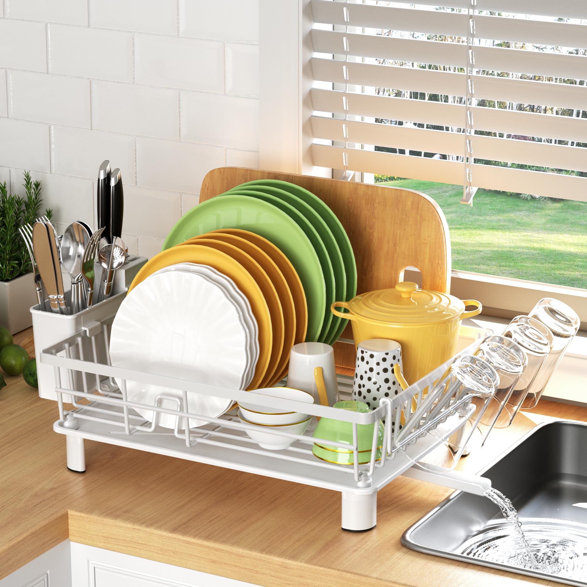 Photo 1 of IMXSUMDA Dish Drying Rack, Dish Racks for Kitchen Counter, Detachable Dish Drainer with Drainboard, Utensil Holder, Cup Holder, Space Saving Kitchen Drying Rack for Small Home and Appartment, White
