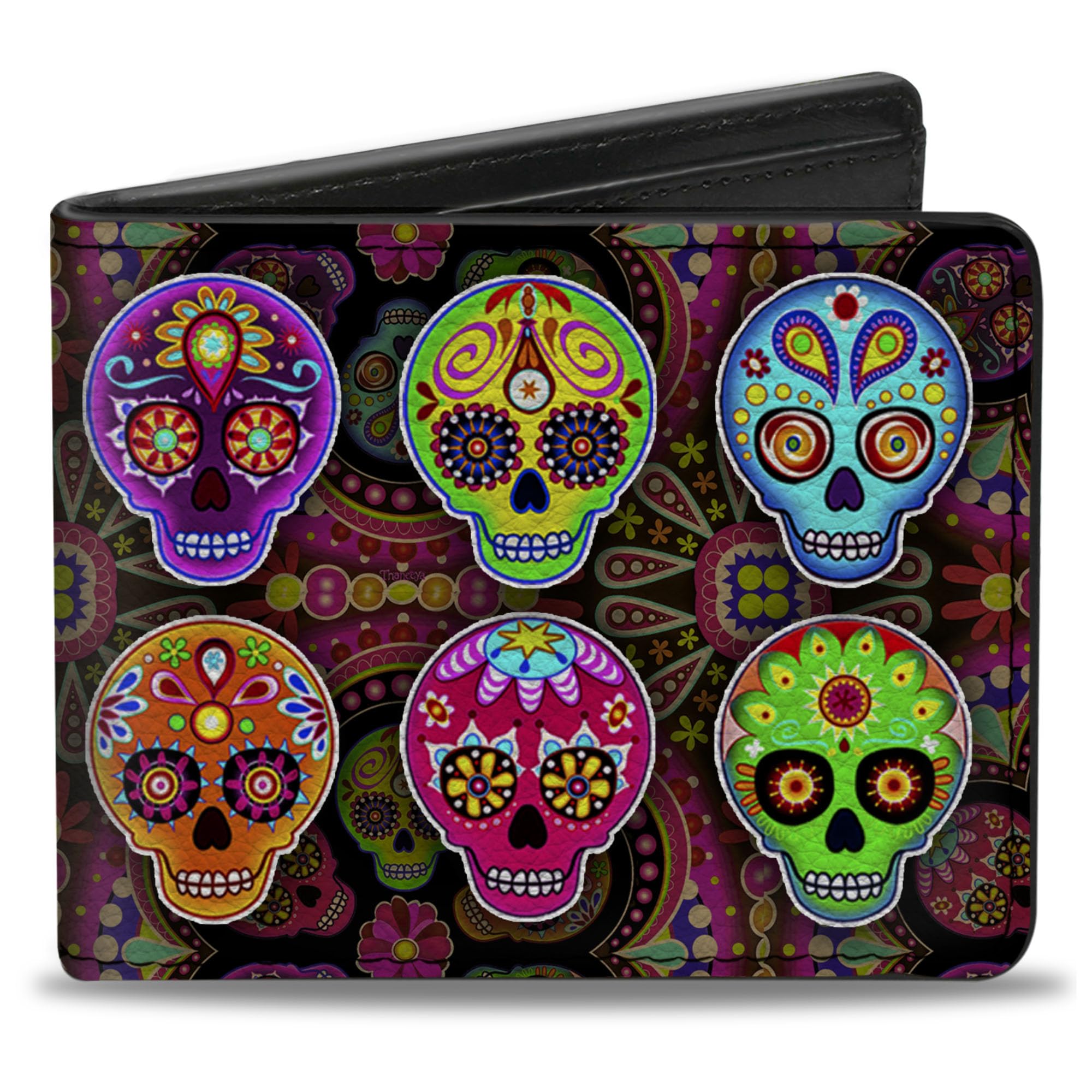 Buckle Down Men's PU Bifold Wallet-Six Sugar Skulls Multi Color, Multicolor, 4.0" x 3.5", Multicolor, 4.0" x 3.5", Pu Bifold Wallet - Six Sugar Skulls Multi Color