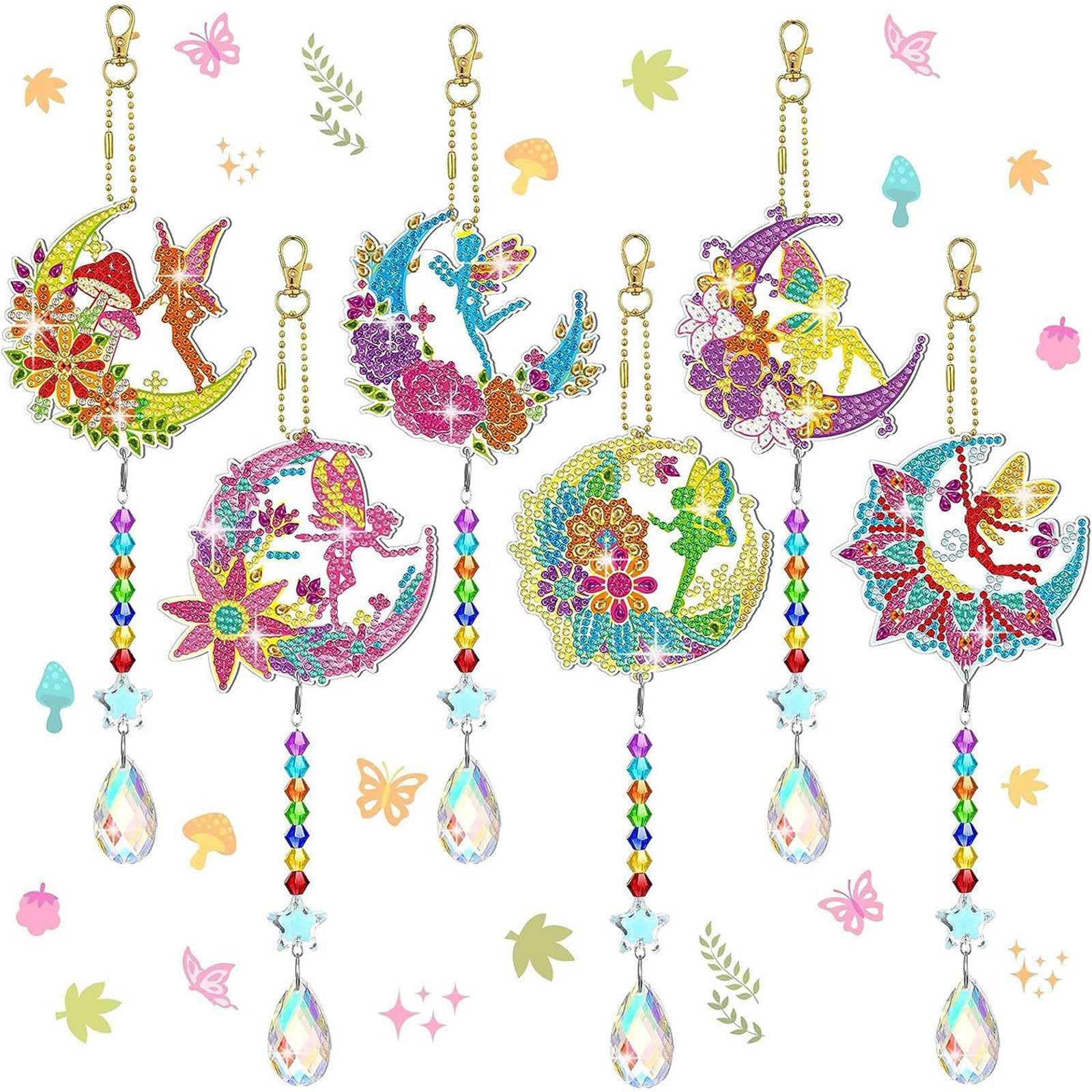 AUAUY DIY Diamond Painting Wind Chime, 6 Pack 5D Diamond Painting Suncatcher, Double Sided Hanging Diamond Art Painting Ornaments with Crystal Pendant for Adults Art DIY Window Home Garden Decor