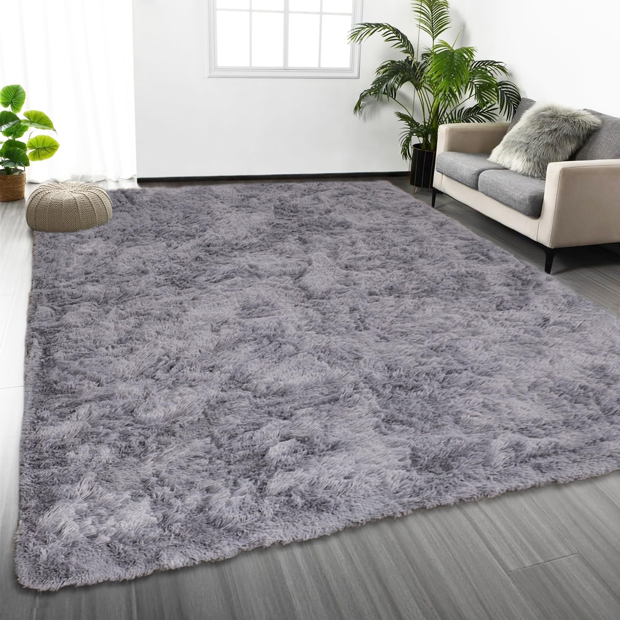 Oxford Homeware Rugs Living Room 120 x 170 cm – Fluffy Shaggy Grey Area Rugs for Bedroom, Lounge – Super Soft Non Slip Rug Washable Modern Floor Carpets Bedside Rug for Kids Room