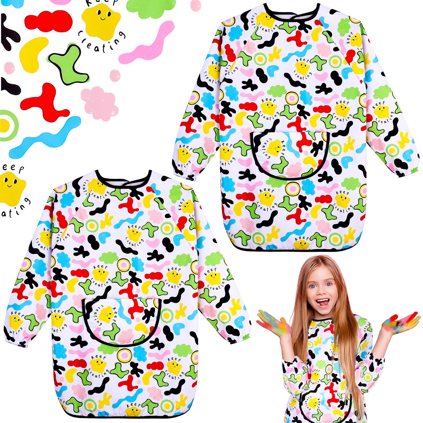 2Pcs Kids Art Aprons for Age 7-12 Years Girls Boys,Waterproof Graffiti Painting Aprons Long Sleeves with Pockets,Kids Painting Smock Toddler Children,Play Apron for Painting,Craft,School,Colorful