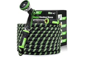 RAINPOINT Metal Garden Hose 25 ft - No-kink 304 Steel Water Hose with 10 mode Nozzle - Brass Connection, Swivel Handle, Flexible Hose,Lightweight, Puncture