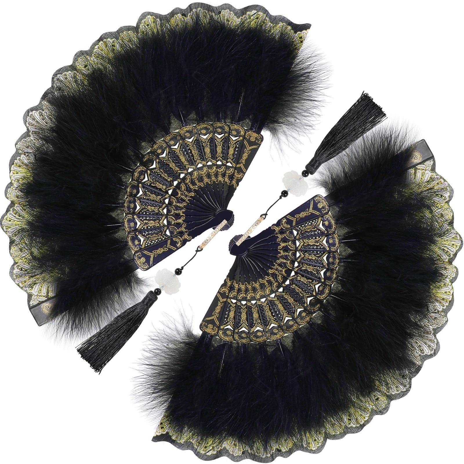 Photo 1 of 2 Pieces Feather Hand Fan Embroidered Flower Marabou 1920s Feather Fan Hand Folding Drag Queen for 20s Women Costume Party Dancing Photoshoot Wedding Decor(Black)