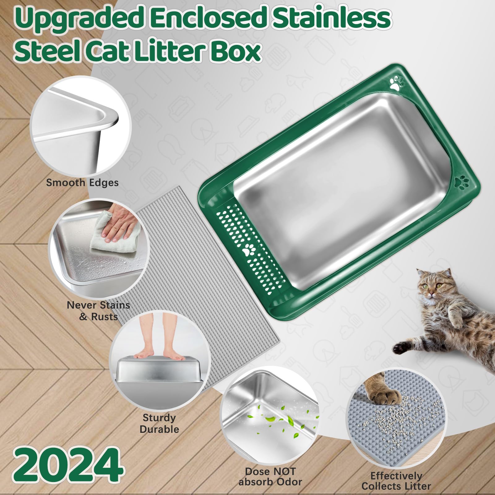 Stainless Steel Cat Litter Box with Lid, Extra Large Metal Litter Box for Big Cats, XXL High Sides Enclosure Cat Litter Box with Anti-Urine Leakage, Easy Clean, Free Litter Scoop & Mat
